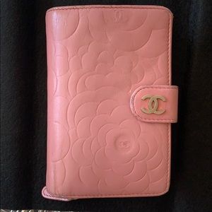 CHANEL Lambskin Camellia Embossed L-Zip Wallet